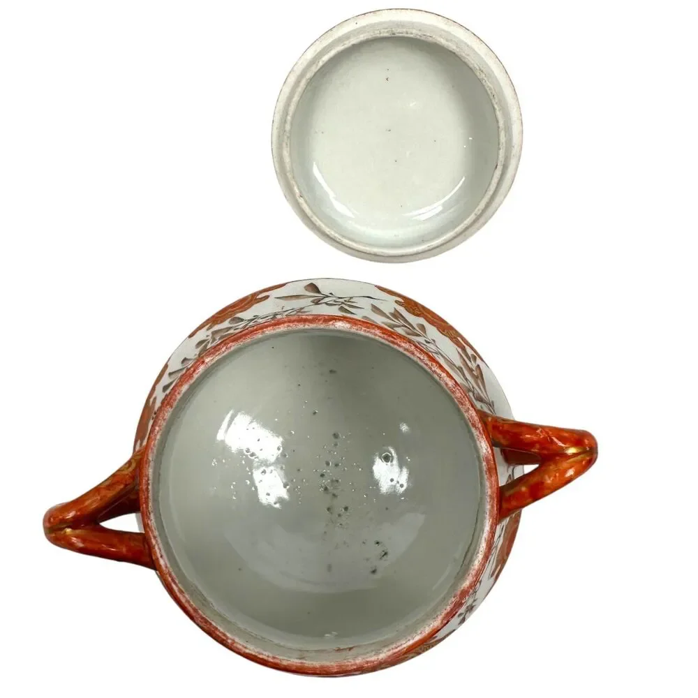 Antique Japanese Kutani Porcelain Creamer Sugar Dish White Meiji Floral‎ Vintage